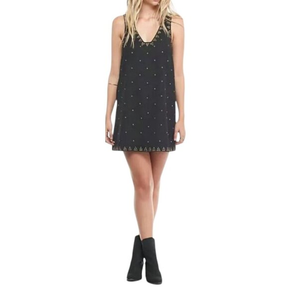 Free People Soho Brass Studded Shift Dress Sleeveless Boho Aztec Black Size 2 - Picture 1 of 12